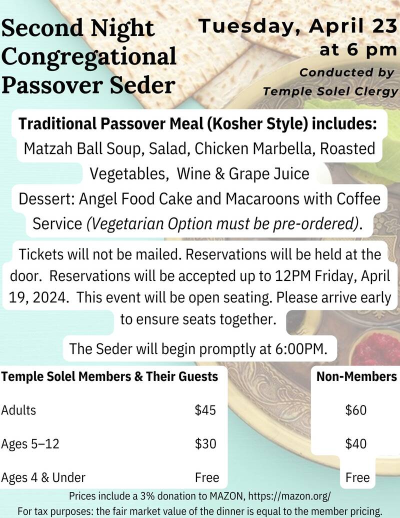 Banner Image for Temple Solel Second Night Community Seder- Passover 2024